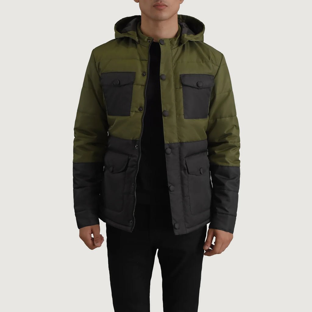 Wayne Black & Green Hooded Puffer Jacket - Image 1
