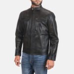 Rustic Black Leather Biker Jacket - Image 2