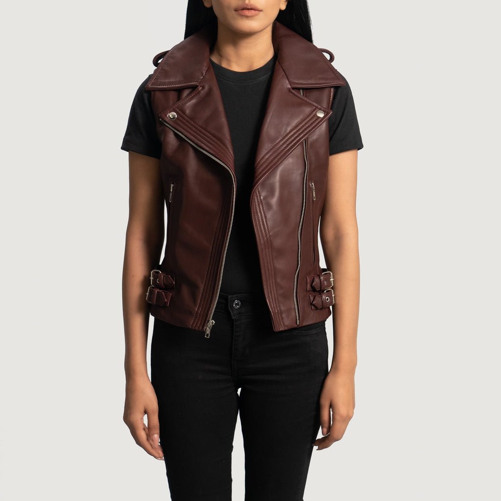 Rhonda Maroon Leather Biker Vest - Image 2