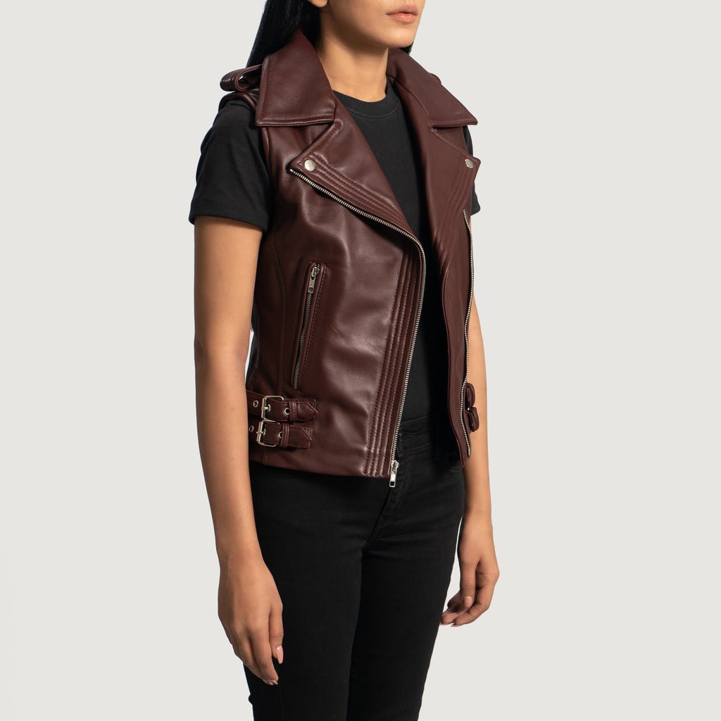 Rhonda Maroon Leather Biker Vest - Image 3
