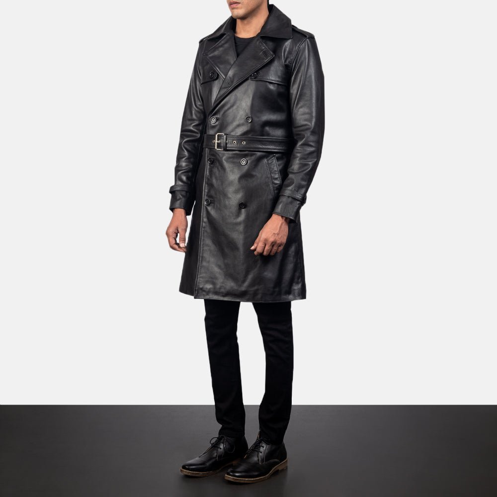 Royson Black Leather Duster Coat - Image 2