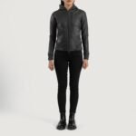 Luna Black Hooded Leather Bomber Jacket - Image 3