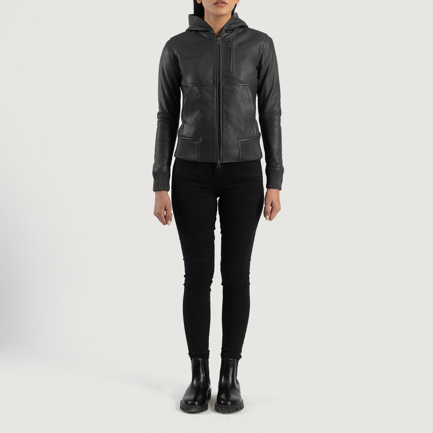 Luna Black Hooded Leather Bomber Jacket - Image 3