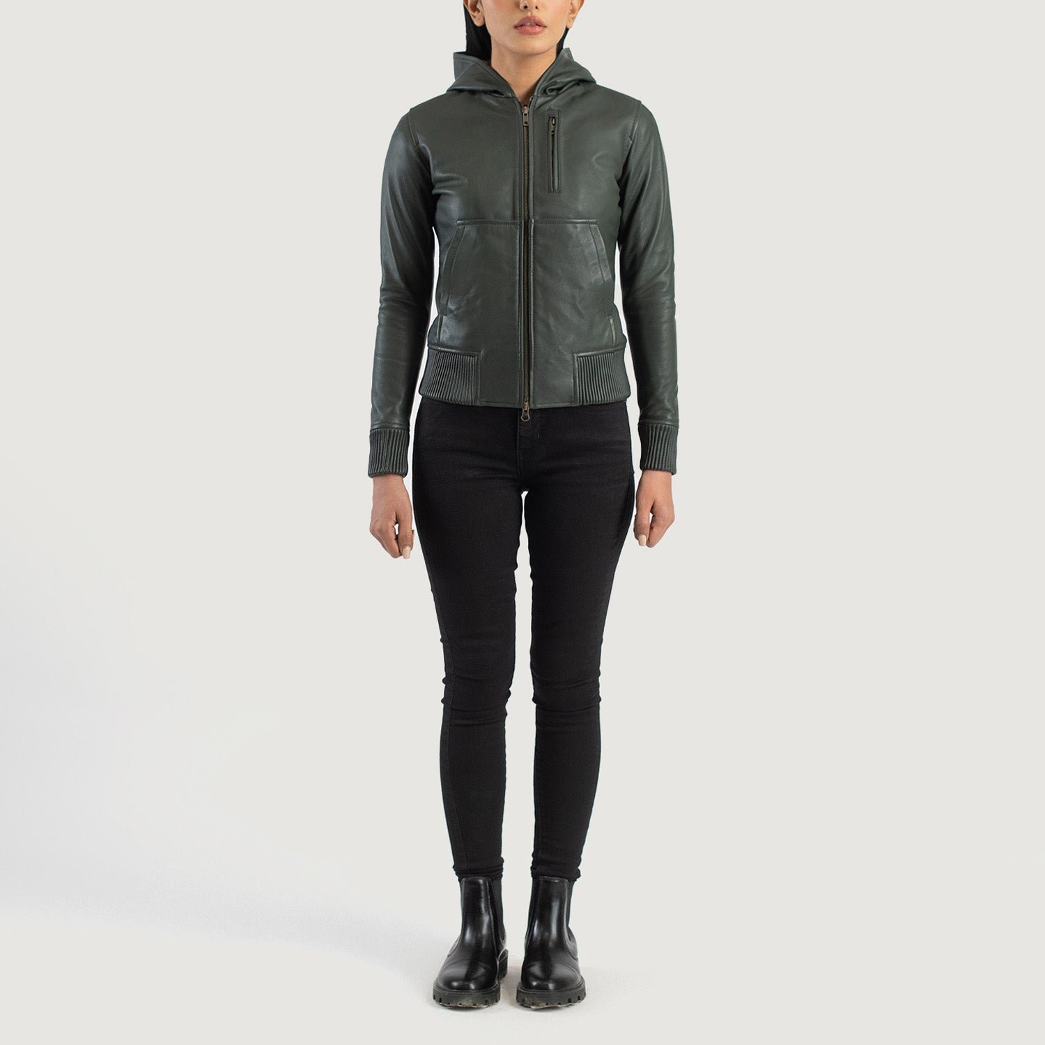 Luna Green Hooded Leather Bomber Jacket - Image 3