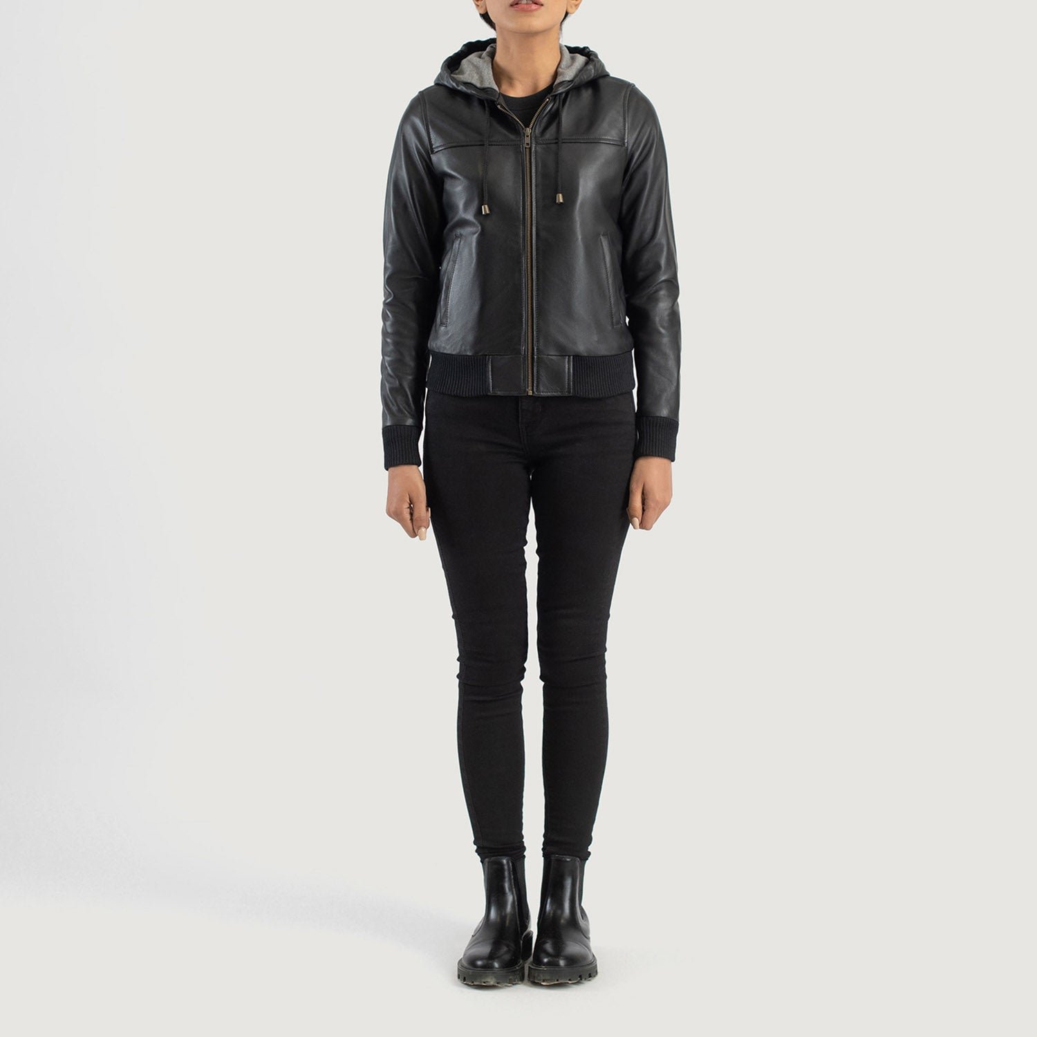 Rebella Black Hooded Leather Bomber Jacket - Image 3