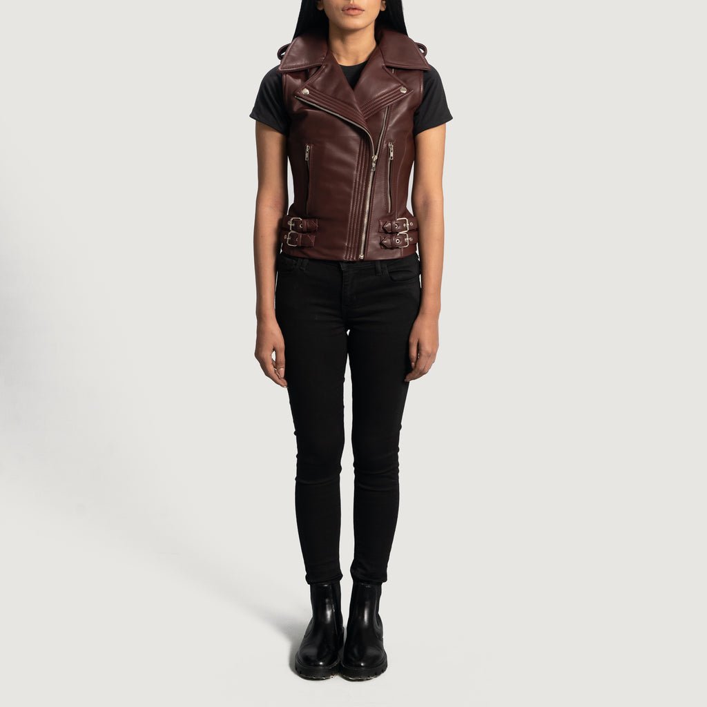 Rhonda Maroon Leather Biker Vest - Image 4