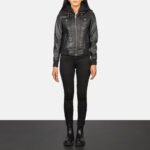 Roslyn Black Hooded Leather Bomber Jacket - Image 3