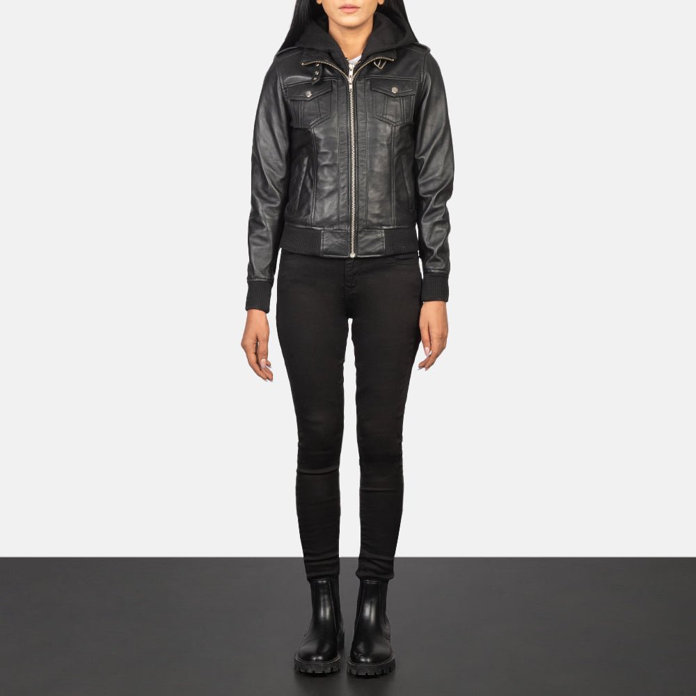 Roslyn Black Hooded Leather Bomber Jacket - Image 3