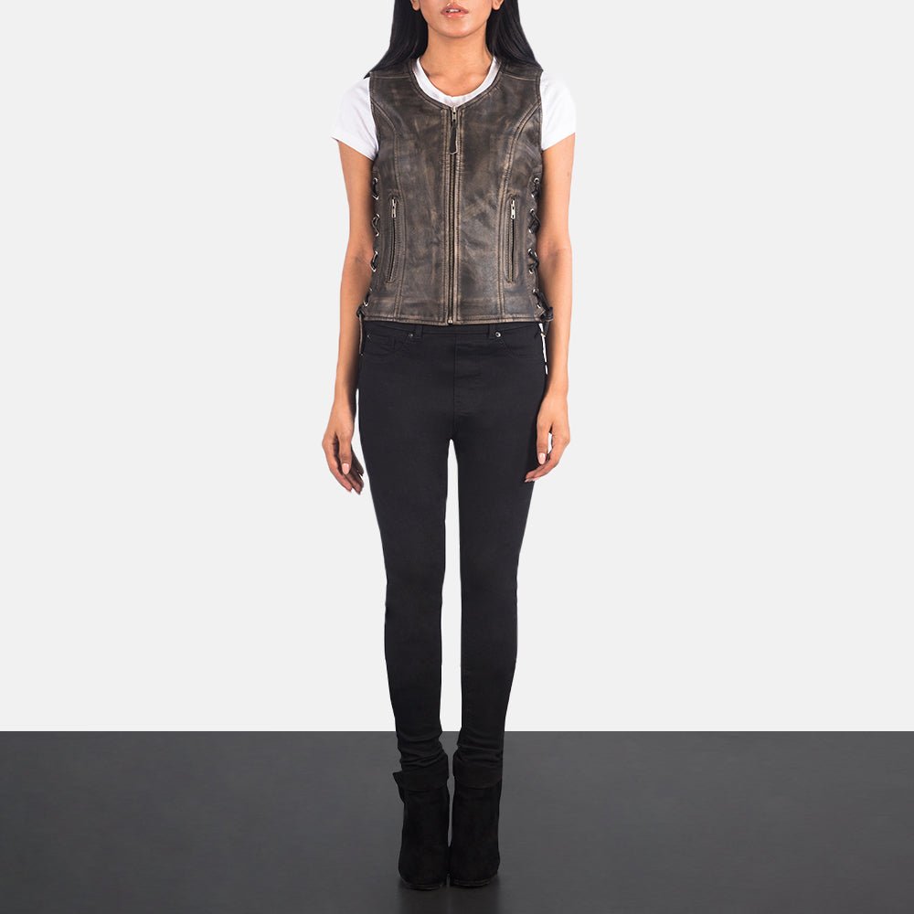 Vanda Distressed Brown Leather Biker Vest - Image 3