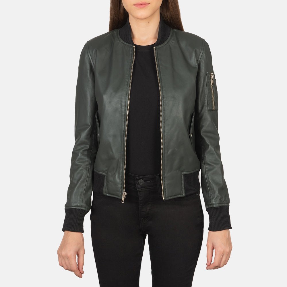Women_s_Ava_Ma-1_Green_Leather_Bomber_Jacket_Open_Front_9be640d8-a223-4b5c-b614-8518cc51778d_2048x.jpg Ava Ma-1 Green Leather Bomber Jacket - Image 1