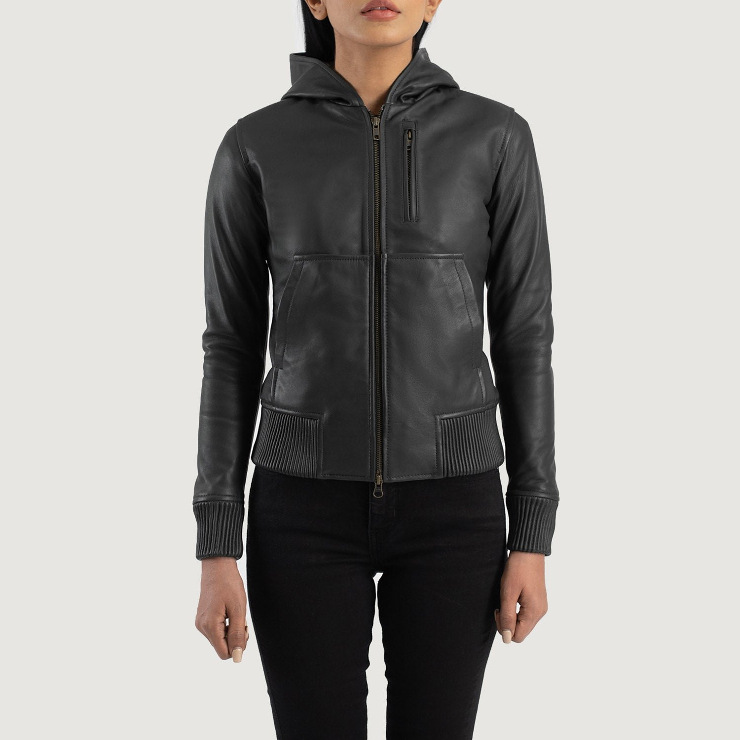 Luna Black Hooded Leather Bomber Jacket - Image 4