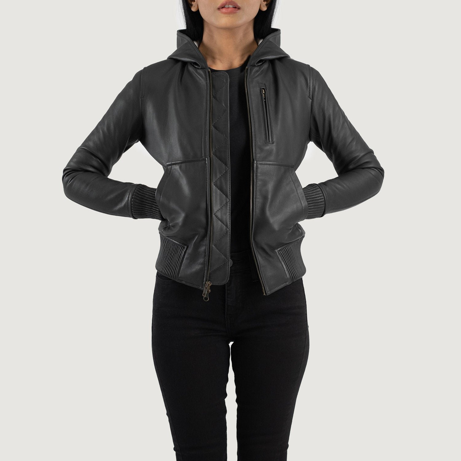 Luna Black Hooded Leather Bomber Jacket - Image 1