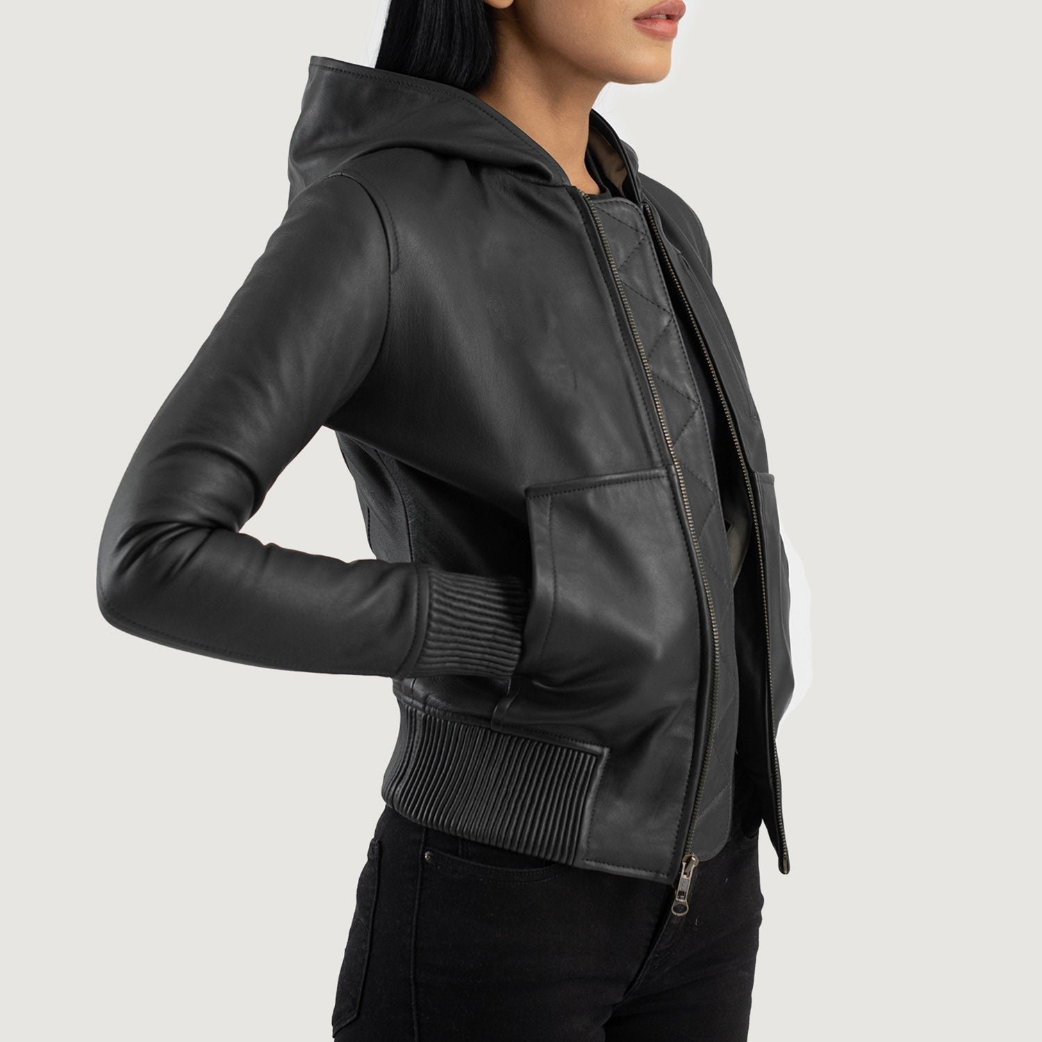 Luna Black Hooded Leather Bomber Jacket - Image 2