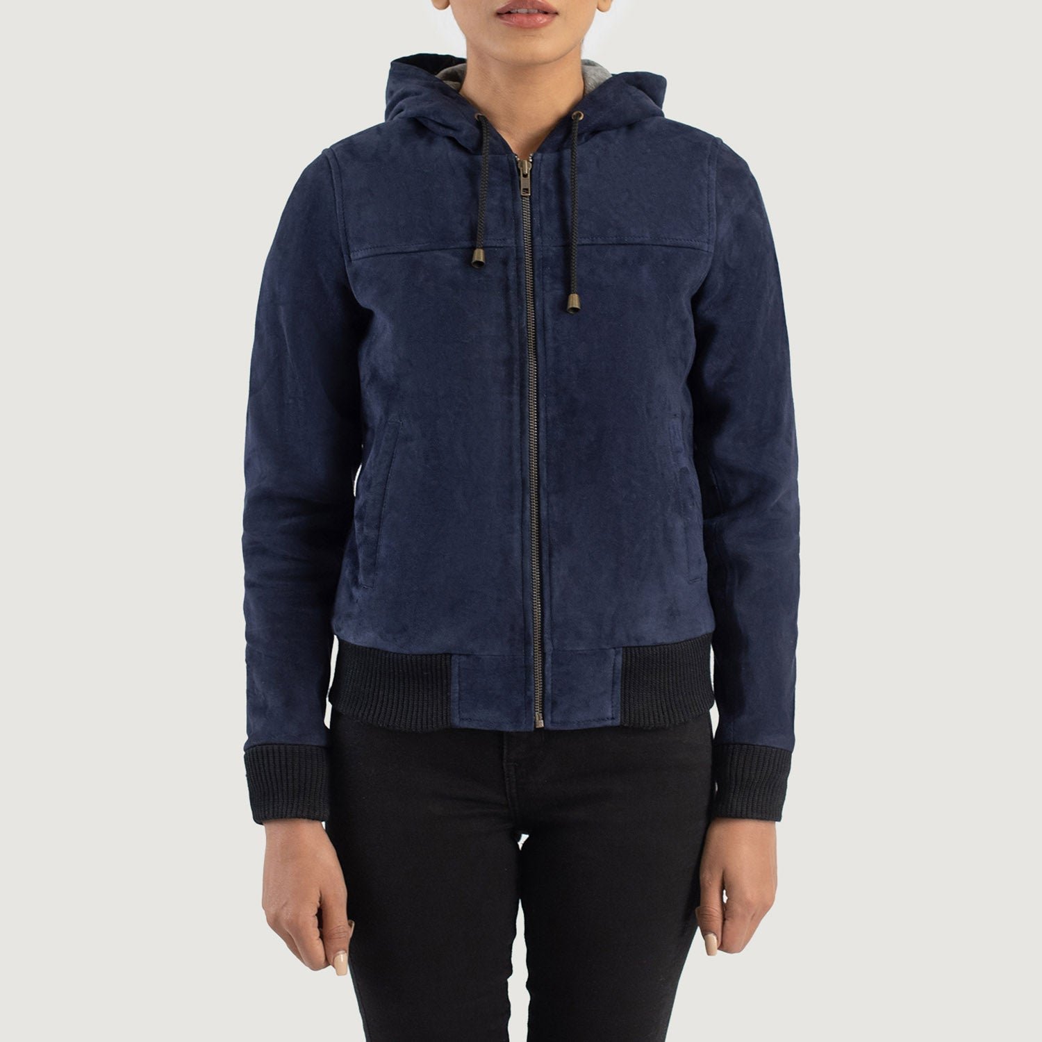Rebella Blue Hooded Suede Bomber Jacket - Image 4