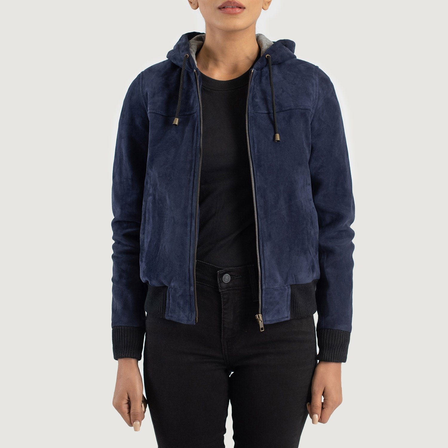 Rebella Blue Hooded Suede Bomber Jacket - Image 1