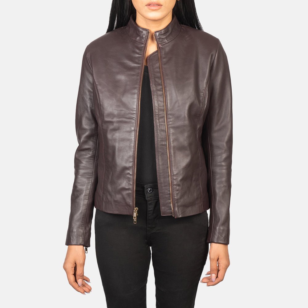 Rumella Maroon Leather Biker Jacket - Image 1