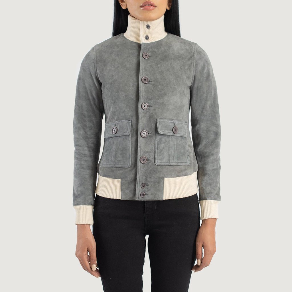 Sasha A1 Grey Suede Bomber Jacket - Image 4