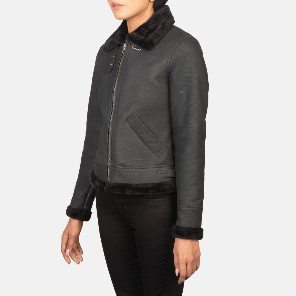 Sherilyn B-3 Distressed Black Leather Bomber Jacket - Image 2
