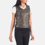 Vanda Distressed Brown Leather Biker Vest - Image 2
