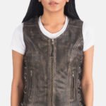 Vanda Distressed Brown Leather Biker Vest - Image 6