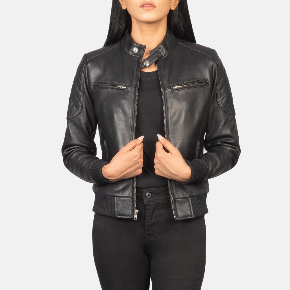 Zenna Black Leather Bomber Jacket - Image 1
