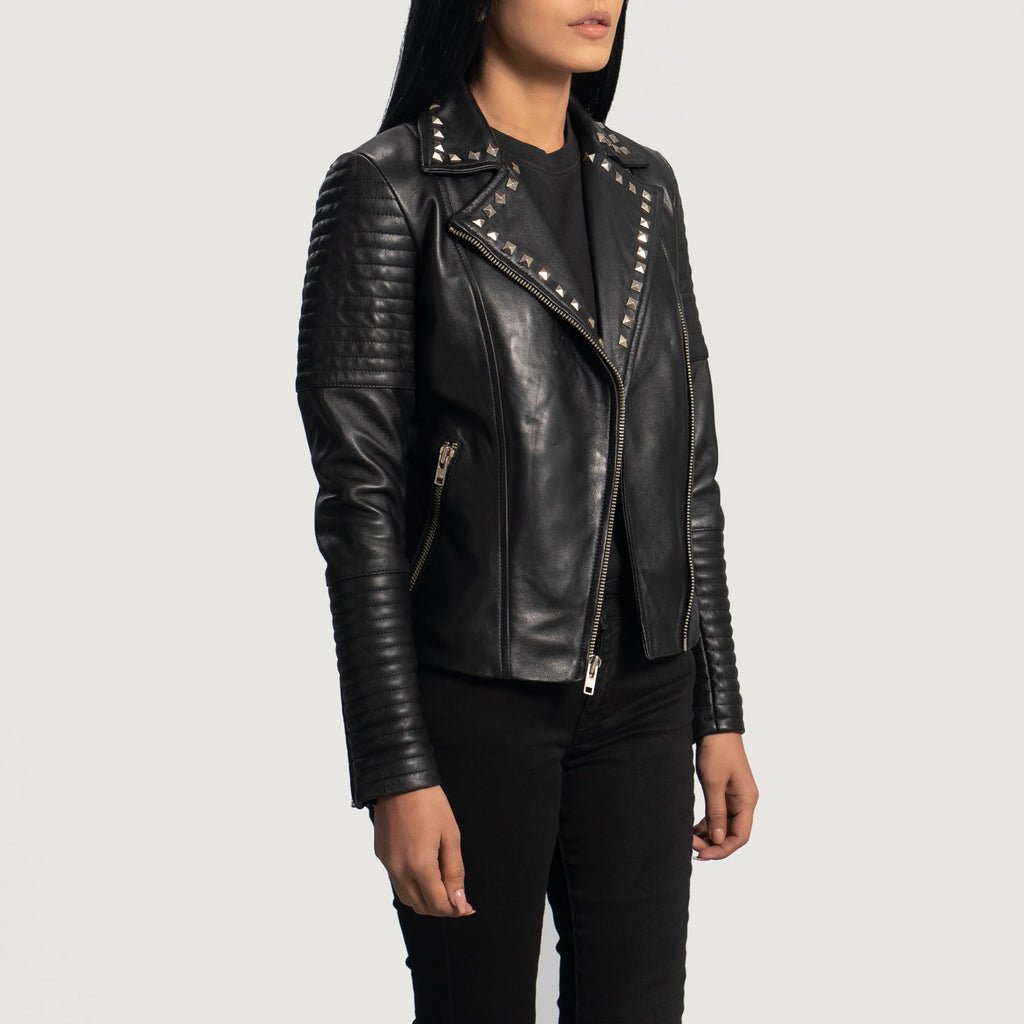 Sally Mae Studded Black Leather Biker Jacket - Image 2
